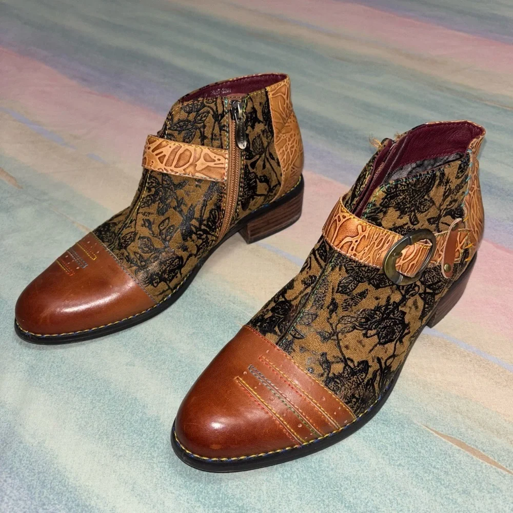 L’Artiste By Spring Step Leather Georgiana Ankle Boots: Camel Tan Brown Multi